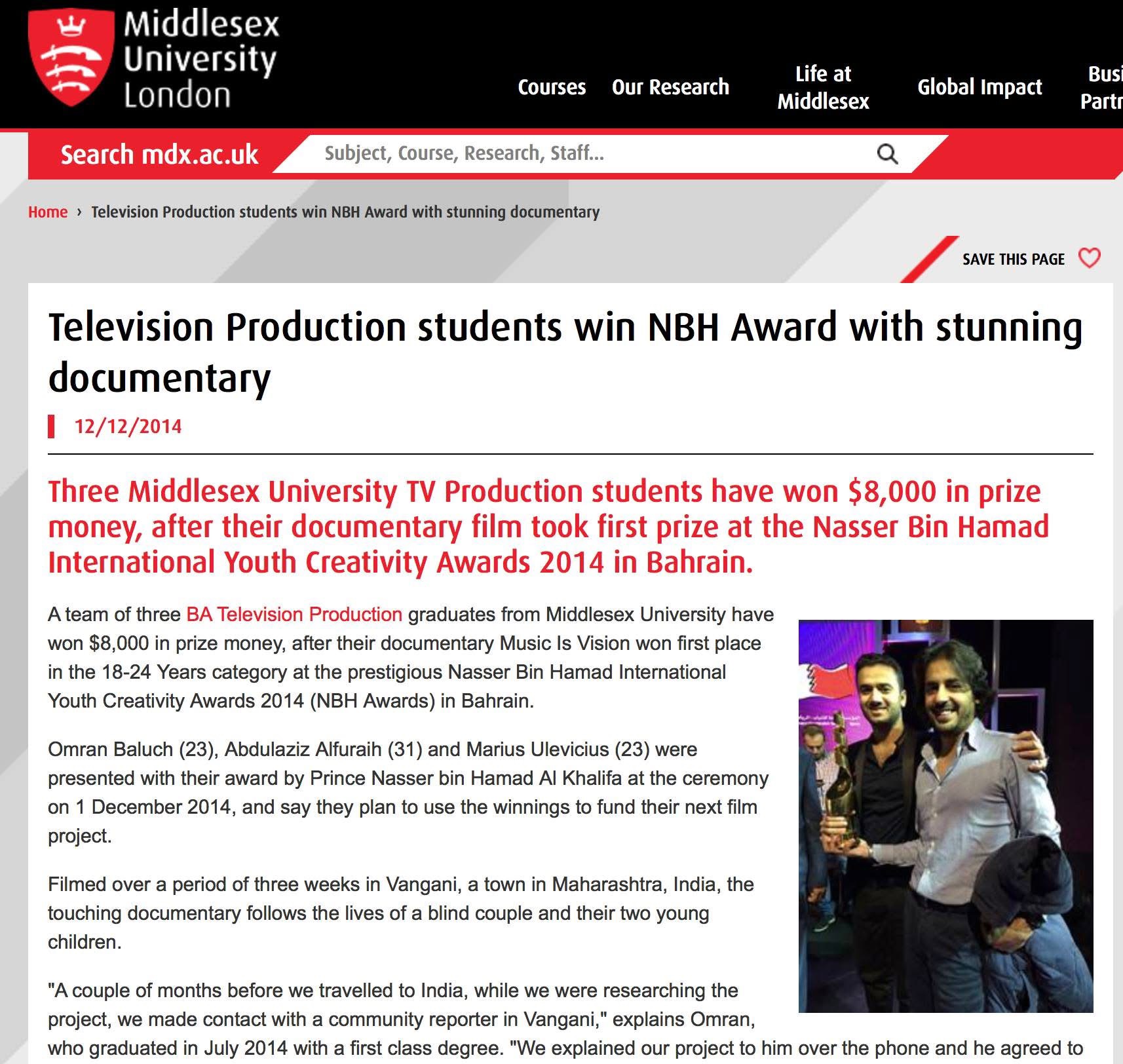 A Middlesex University page about Television Production students winning an award for a documentary film
